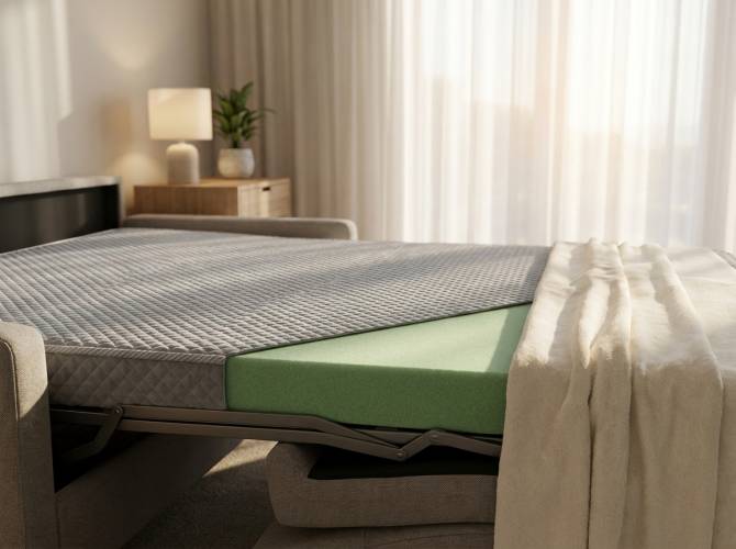 Матрас EMMY на диване-аккордеоне в разложенном состоянии